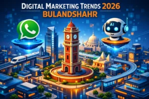 Digital marketing trends 2026 Bulandshahr city landmarks and futuristic tech icons